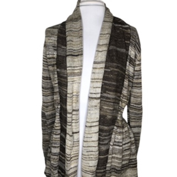 One A Elastic Waist Open Front Rolled Collar Horizontal Stripe Cardigan Size L - Picture 6 of 11